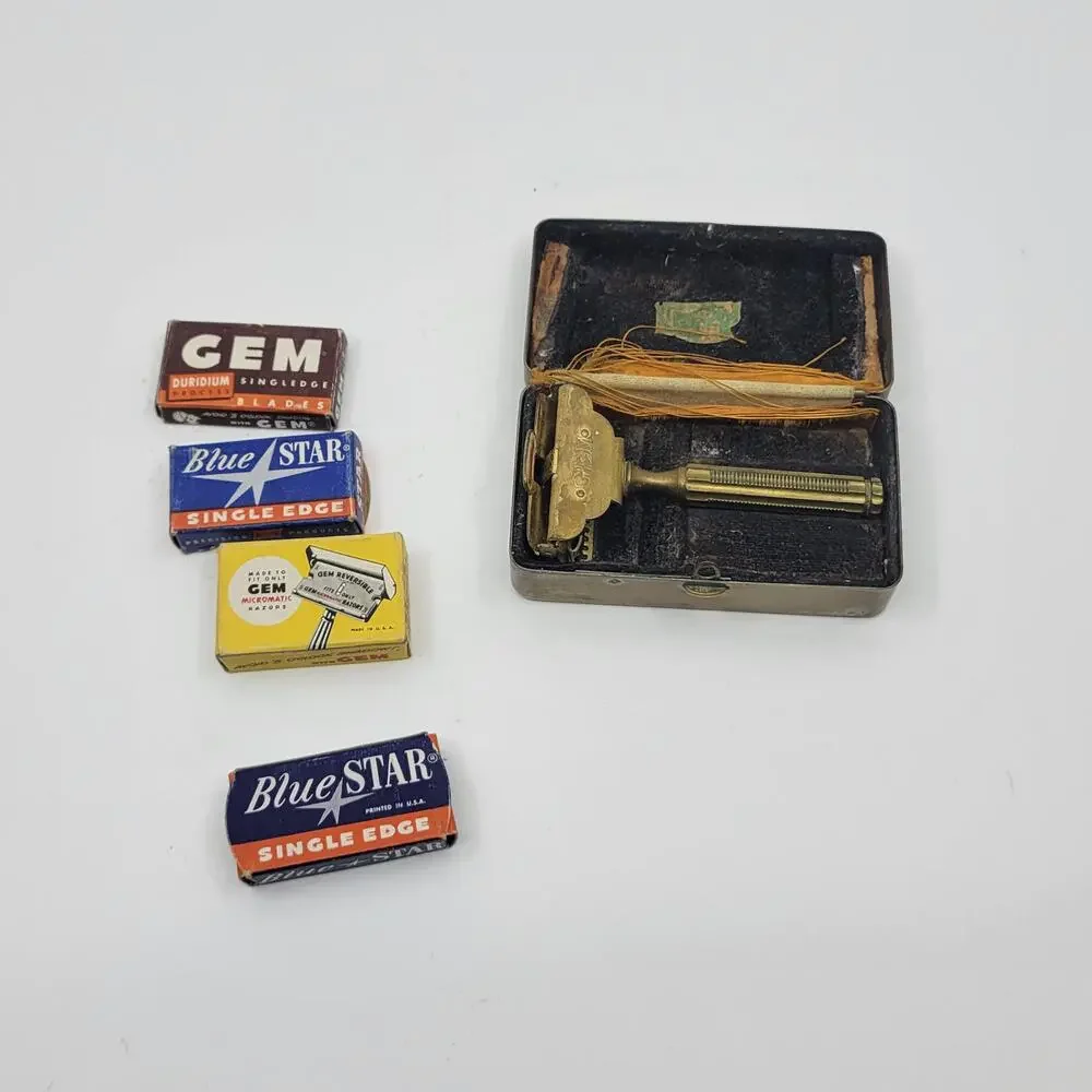 Vintage GEM Junior Single Edge Razor with original brass case and accessories